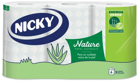Nicky Nature Papel Higiénico, 6 Rollos, 3 Capas, 170 Servicios Por Rollo. Enriquecido Con Loción De Aloe Vera, color Blanco, 9,8 x 13cm