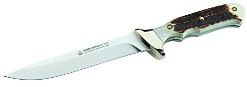 PUMA - Wildtöter – Jagdmesser - 160mm Klinge aus deutschem Stahl (1.4116, 55-57 HRC) - Griffschalen aus Hirschhorn - Neusilberbacken - mit Sattellederscheide - Gefertigt in Solingen (Art.Nr.: 113494)