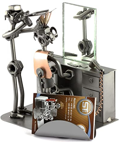 Steelman24 Schraubenmännchen Friseur mit Spiegel und Kartenhalter | Made in Germany,Handarbeit,Geschenkidee,Stahlfigur,Metallfigur,Metallmännchen