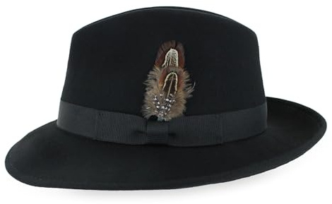 Belfry Crushable Dress Fedora Men's Vintage Style Hat 100% Pure Wool in Black Blue Grey Pecan Brown and Striped Bands (US, Alpha, X-Large, Black)