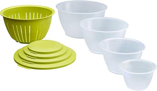 Westmark Schüssel-Set, 4 Schüsseln inkl. Deckeln und Sieb/Seiher, 9 teilig, Fassungsvermögen: 0,6/1,3/2,5/4,4 Liter, Kunststoff, BPA-frei, Olympia, Farbe: Transparent/Grün, 2420226A