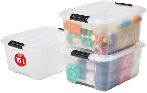 Iris Ohyama Aufbewahrungsbox mit Deckel, 15L, 3er-Set, Transparent, Schnappverschlüsse mit Griffen, Stapelbar, Stark & Langlebig, Für Kleidung, Garage, Zuhause, Büro, Plastikbox, Lagerung TB-15