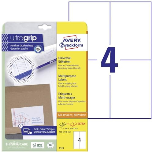 AVERY Zweckform 6120 Universal Etiketten (100 plus 20 Klebeetiketten extra, 105x148mm auf A4, Papier matt, bedruckbare Versandetiketten, selbstklebende Versandaufkleber mit ultragrip) 30 Blatt, weiß