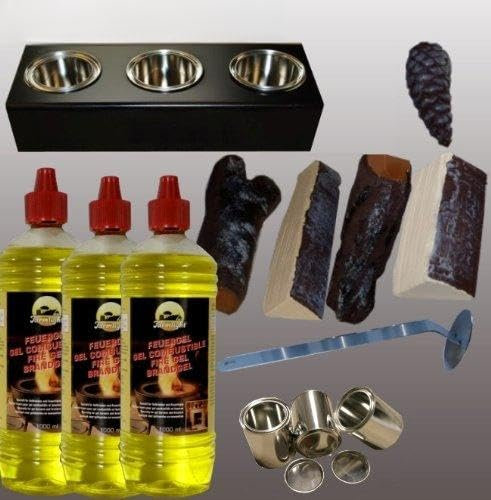 Starter Set de 13 pièces pour les foyers à gel, avec un gel de carburant, 3 canettes et supports, des bûches de bois céramique, extincteur