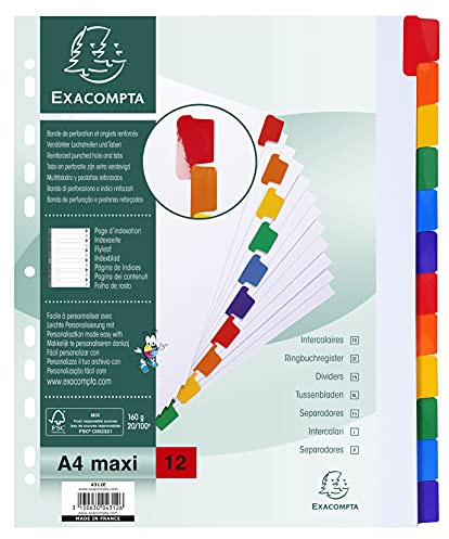 Exacompta 4312E - Separadores con 12 posiciones A4, Cartulina Blanca, 160 grs