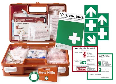 Erste-Hilfe-Koffer (mit Füllung nach aktueller DIN 13157) - incl. Verbandbuch & Wandhalterung für Betriebe + Folien-Aufkleber 1.Hilfe-Kennzeichnung