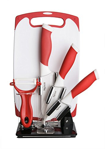 New England Cutlery 84065 6 Piece and White Ceramic Knife and Tool Set, Red