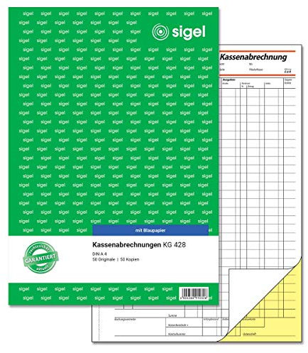 SIGEL KG428 Kassenabrechnung A4, 2x50 Blatt, mit Blaupapier, ultrafeiner Mikroperforation, Für exakte Einnahmen-/Ausgaben-Rechnung mit Ausweis des MwSt.- und Netto-Betrages