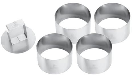 Gobel - Boîte de 4 Cercles à Mousse INOX + Poussoir - Ø7 cm h4 cm - 6/10ème | Fabriqué en France ; lot de 4, poussoir inclus pour démoulage facile ; inox 6/10ème, mini mousses, desserts individuels