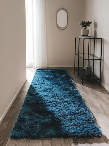 benuta Nest Hochflorteppich Whisper - Blau 80x300 cm - Kuschelig Weicher Teppich für Schlaf- und Wohnzimmer - Pflegeleicht - Fußbodenheizung Geeignet