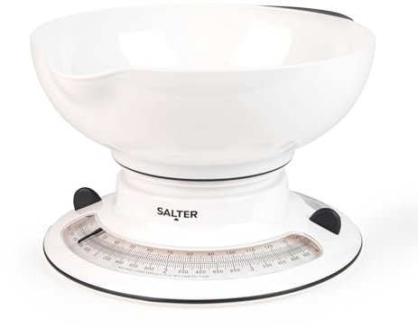 Salter Aquaweigh Mechanical Kitchen Scale – Food Scale, 4kg Capacity, 2.6L Detachable Bowl With Pouring Spout, No Batteries, Rotating Twin Dial, Bowl Fits Over Scale For Compact Storage, 800 WHBKDR