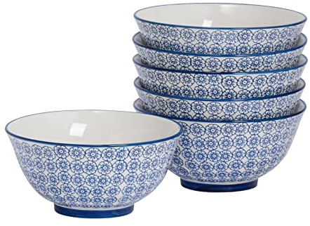 Nicola Spring Patterned Cereal Bowls - Navy - 16cm - Pack of 6 | Hand Printed Japanese Style Stoneware Serving Bowls for Dessert, Pasta, Cereal, Salad, Noodles, Soup