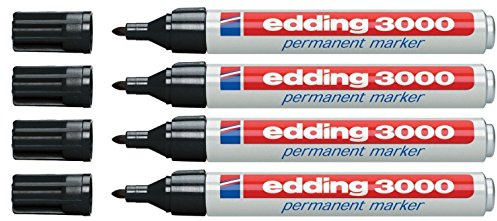 edding 3000 Permanentmarker - schwarz - Rund-Spitze 1,5-3 mm - schnell trocknender Permanent Marker - wasserfest, wischfest - für Karton, Kunststoff, Holz, Metall (Schwarz, 4 Stifte)