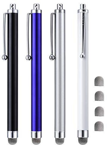 Stylus, 4 Pcs 5.0 Inch Mesh Fiber Tip Stylus Pens for Touch Screen, Compatible with iPad, iPhone, Kindle Fire, 4 Extra Replaceable Hybrid Fiber Tips (White, Black, Silver, Blue)