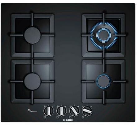 Bosch Series 6 PPH6A6B20 Black Integrated Gas Hob - Plate (Black, Built-in, Gas, Glass, 1000 W, 1750 W)