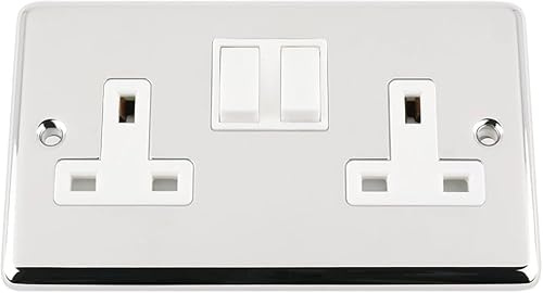 Light Switch 2 Gang - Polished Chrome - Classic - White Insert Plastic Switch - 10 Amp Double 2 Gang 2 Way