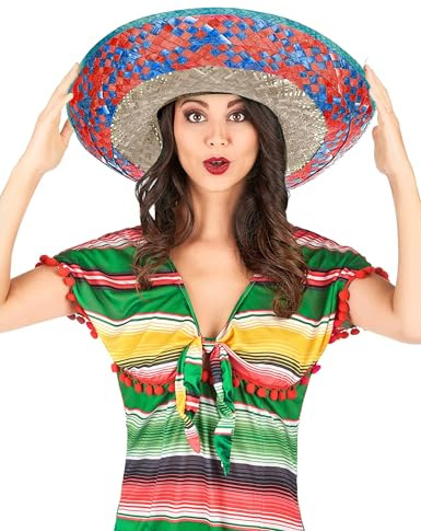 DEGUISE TOI Mexikanischer Sombrero für Erwachsene mit Krempe in Rot und Blau - Bunt