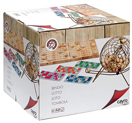 Cayro – Bingo – från 6 år – Deluxe-modell – brädspel – för barn och vuxna – vikbar bräda och träkulor – metalltrumma – 2 till 8 spelare