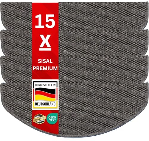 casa pura Stuffenmatten innen 15 Stück, habrund Selbstklebend in Sisal-Optik Treppenstuffen Matten anthrazit 65x23,5 cm Kalkuta