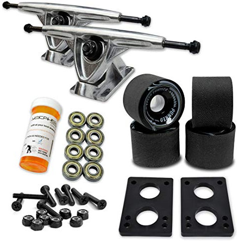 Yocaher Longboard Skateboard-Achsen, Kombi-Set, 71 mm Räder + 180 mm robuste Aluminium-LKWs, Kugellager, Riser-Pad und Longboard-Hardware-Paket (solides schwarzes Rad und polierte Achsen)