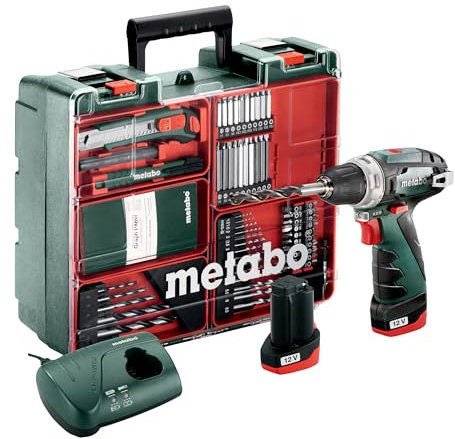 Metabo Akku-Bohrschrauber PowerMaxx BS Basic Set – 600080880 – 12 V – Mobile Werkstatt mit kompaktem Bohrschrauber und Zubehör – Inklusive Akku und Ladegerät