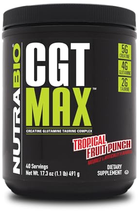 NutraBio CGT-MAX Powder- Creatine, Glutamine and Taurine to Support Muscle Recovery and Strength - 40 Servings - Tropical Fruit Punch…