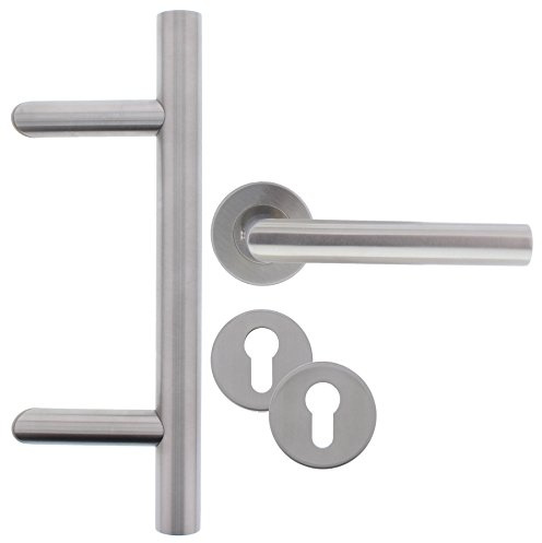 ToniTec Stossgriff Edelstahl für Haustür Türgriff Set Schräg Rosettengarnitur + Befestigung (350mm, Achsmaß 210mm)