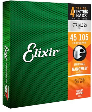 Elixir 14677 Saiten Stainless-Steel 4-str. E-Basssaiten mit NANOWEB Beschichtung, Long Scale, Light/Medium (.045-.105)