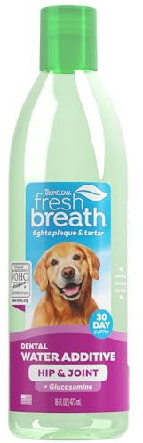 TropiClean Fresh Breath Hundezahnreinigung - Zahnpflegelösung bei schlechtem Atem - Mundspülung als Zusatz zum Trinkwasser - Reinigt die Zähne - Nahrungsergänzung für Hüfte und Gelenke, 473ml