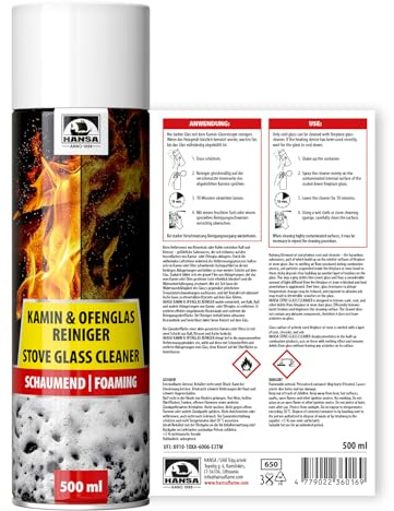 Schaumbildender Kamin Glasreiniger 500 ml – Effektiver Ofenglas Reiniger als Sprühreiniger – Entfernt Ruß, Asche & Fett von Kaminglas und Ofentüren, streifenfrei sauber
