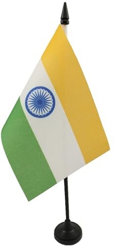 AZ FLAG - India Table Flag 4'' x 6'' - Indian Office Mini Banner 100% Polyester 15 x 10 cm - Mini Desk Flag with 10'' Pole and Black Plastic Base