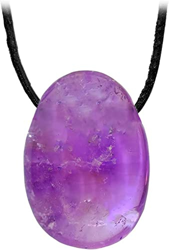 Kaltner Präsente Edelstein Halskette mit Anhänger/Amethyst/Lederband mit gebohrtem Trommelstein Tropfen Anhänger/Hochwertiger Edelsteinanhänger/Lederkette