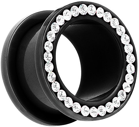 Piersando Flesh Tunnel Ohr Piercing Plug Ohrpiercing Schmuck Schraub Kunststoff mit vielen Zirkonia Steinen am Rand 12mm Schwarz