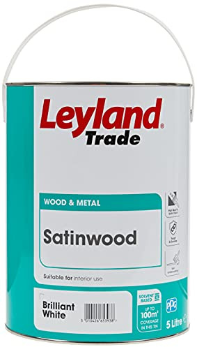 Leyland Trade - Satinwood - Wood & Metal Paint - Brilliant White - 5L | High Quality Satin Finish, Suitable for Interior Wood & Metal, Self Undercoating, Tough & Durable, Solvent Based Formula