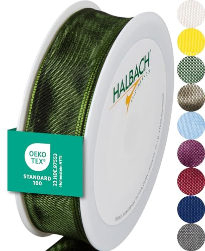Halbach Geschenkband mit Drahtkante, 25 mm x 25 m, dunkelgrün | Taftband mit formbarer Drahtkante aus 100% Acetat, Made in Germany, Öko-Tex 100 zertifiziert, wetter-/wasserfest
