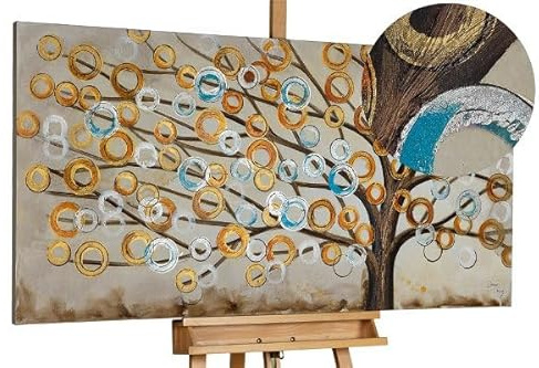 KunstLoft Leinwandbild | 100% HANDGEMALT | 140x70cm | Gemälde 'Herbstblues' | Wald & Bäume | Kupfer Beige | Wandbild Wohnzimmer