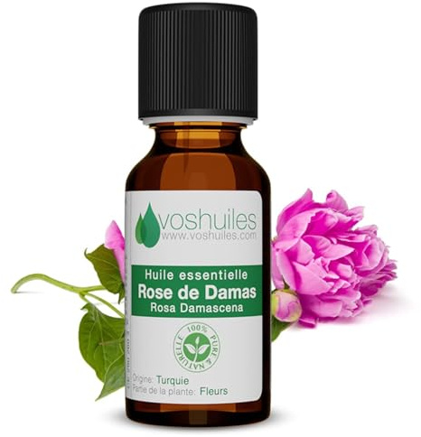 VOSHUILES - Huile Essentielle de Rose de Damas - 5ml - Distillation de Pétales Frais - Flacon Ambré avec Bouchon Sécurité - Compte-Gouttes de Haute Précision
