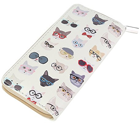 DonDon Geldbörse Damen mit Reißverschluss Portemonnaie Geldbeutel Damen Kinder Mädchen Muster Katzen beige bunt