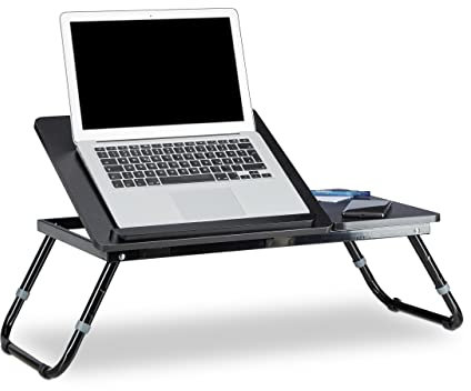 Relaxdays Laptoptisch, Lapschreibtisch, Betttisch, Betttablett, Notebooktisch, Beistelltisch, Laptop WTH 75 cm x 35 cm x 40 cm, Holz, schwarz, mit Leseklappe, höhenverstellbar, zusammenklappbar