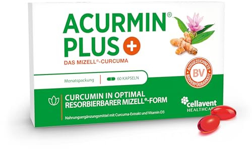 185x effektivere Kurkuma Kapseln - 10.000 mg Kurkuma Pulver/Tag - Kurkuma hochdosiert ohne Piperin - Mizell Curcuma - 95% Curcumin - mit Vitamin D3 für Knochen - Acurmin PLUS, 60 Kapseln