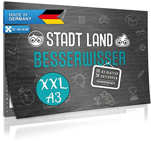GOODS+GADGETS® Stadt Land Besserwisser XXL – 39 Kategorien, DIN A3 | Neuauflage des Klassikers mit Spezialregeln, 50-Blatt-Block, Made in Germany – sofort spielbereit