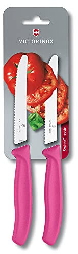Victorinox Swiss Classic Couteau à petit déjeuner, Couteau à pain, Lame tranchante, dentelée, 11 cm, Manche plastique, Acier inoxydable, Set 2 Pièces, Rose