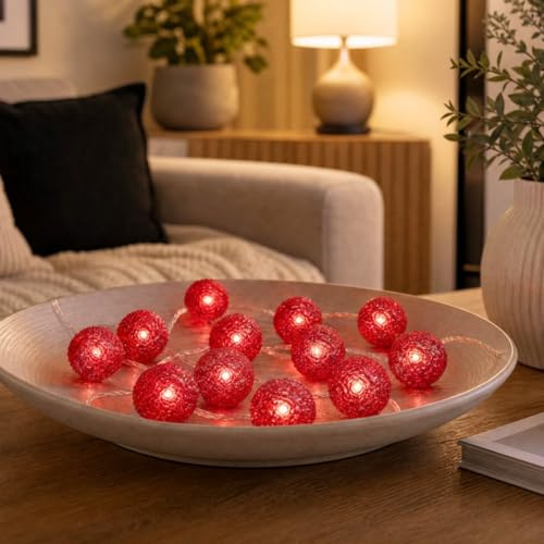 hellum LED Lichterkette Strom, 20 LED rot, Metallbälle rot, Trafo innen | Lichterkette innen strombetrieben mit roten Drahtkugeln beleuchtet 2,85m Kabel transparent Weihnachtsbeleuchtung <59lm 576344