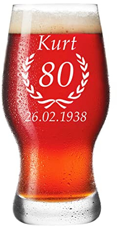 Leonardo Bierglas 0,5 L mit Gravur für Männer - Motiv Jubiläum Ährenkranz - robustes Bier-Glas - spülmaschinengeeignet - Pilstulpe Personalisiert mit Gravur - Geburtstag, Weihnachten, Jubiläum