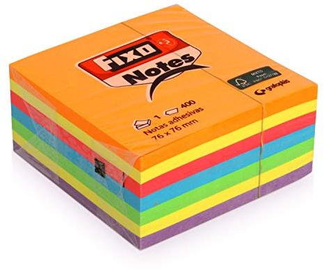 FIXO Notes 65005483. Cubo de Notas Adhesivas, 400 Hojas, 76x76mm, Colores Surtidos Neón