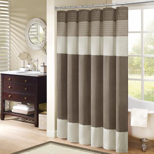 Madison Park Bathroom Shower Faux Silk Pieced Striped Modern Microfiber Bath Curtains, Polyester, Natural, 72 W x 72 L (Pack of 1)