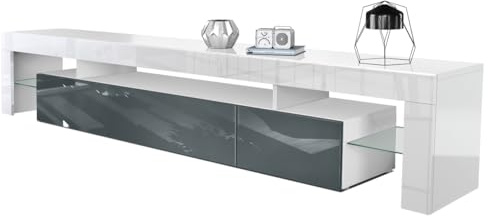 Vladon Lowboard Lima V2, Made in Germany, TV-Kommode mit 2 Klappen, 1 offenem Fach und 2 Glasablagen, Weiß Hochglanz/Grau Hochglanz (189 x 38 x 35 cm)
