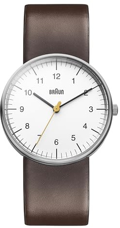 Braun Mens 3-Hand Analogue Quartz Watch, White Dial and Brown Leather Strap, 38mm Stainless Steel Case, Model BN0021WHBRG.