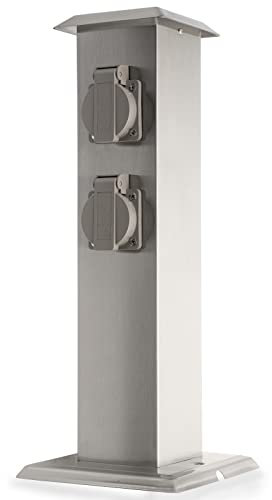 Grafner Edelstahl Gartensteckdose mit 4 Steckdosen, IP54, eckig, Klarlack-Beschichtung, Energiesäule Mehrfachsteckdose Outdoor Metall Außensteckdose 4-Fach