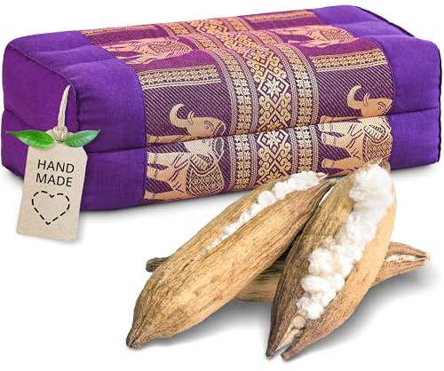 Livasia Coussin Yoga carré Bloc Soie thaï - 17x34x12cm - Coussin de méditation kapok, Coussin de Soutien rectangulaire, Accessoire Yoga Pilates Coussin cale-Nuque, Fait Main (Lilas/Éléphants Soie)